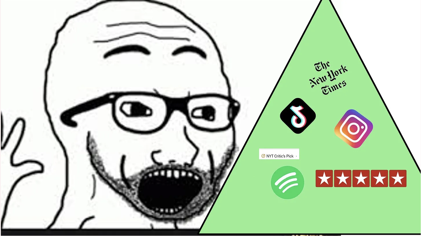 a meme-y illustration of a man is shocked at the sight of a pyramid of five star reviews and social media sites.